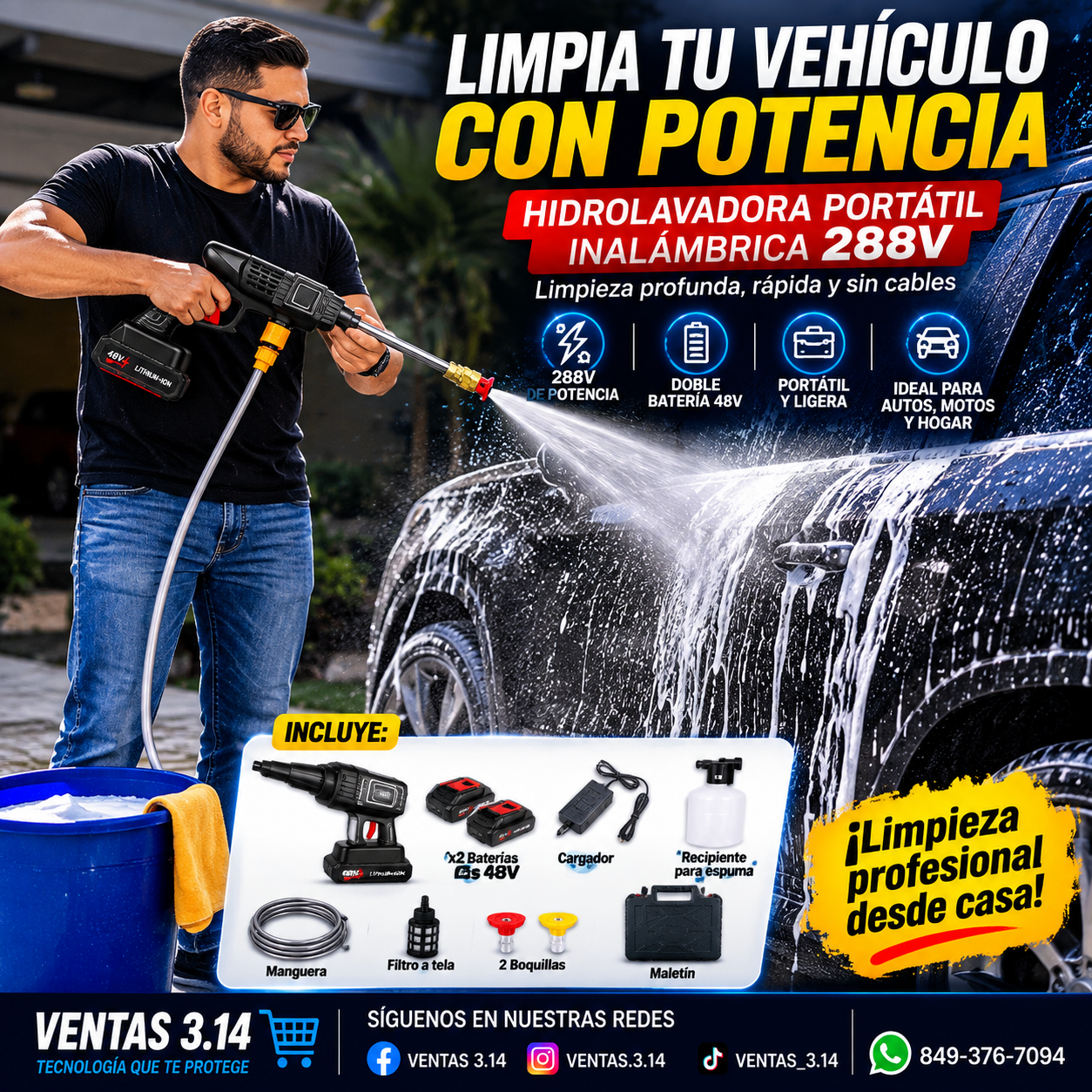 HIDROLAVADORA PORTÁTIL INALÁMBRICA | DOBLE BATERÍA 48V + ACCESORIOS PARA LIMPIEZA PROFUNDA