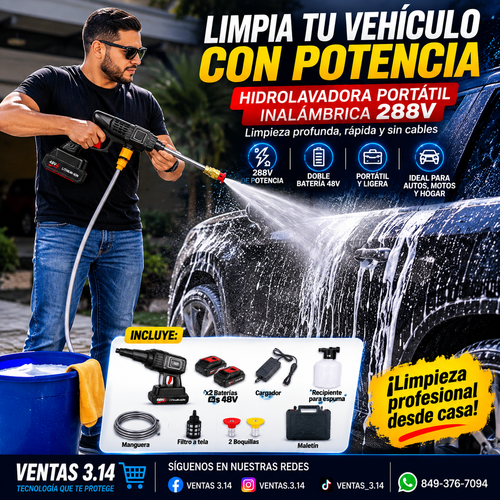 HIDROLAVADORA PORTÁTIL INALÁMBRICA | DOBLE BATERÍA 48V + ACCESORIOS PARA LIMPIEZA PROFUNDA