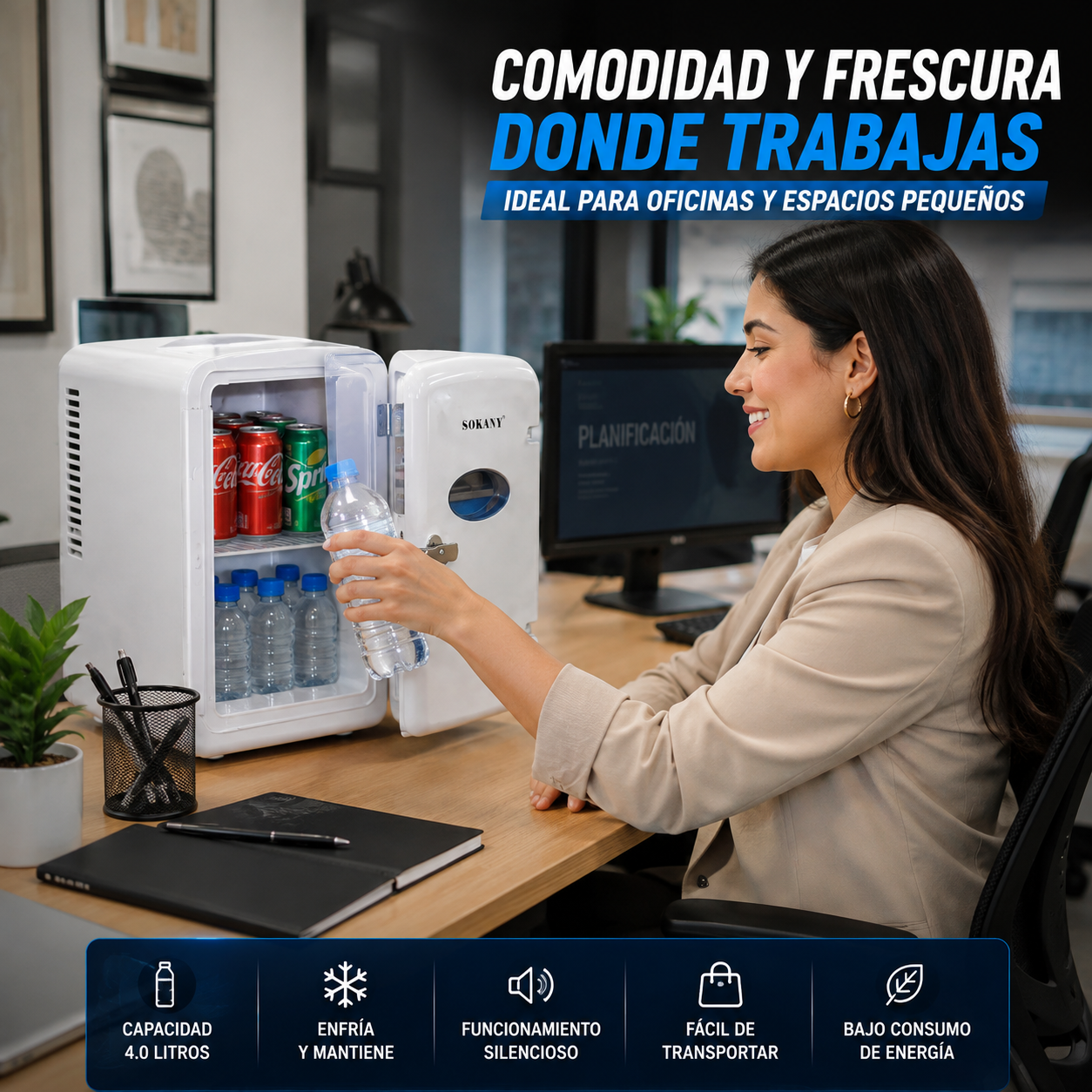 MINI NEVERA SOKANY 4L | COMPACTA, PORTÁTIL Y PERFECTA PARA HOGAR, OFICINA Y AUTO