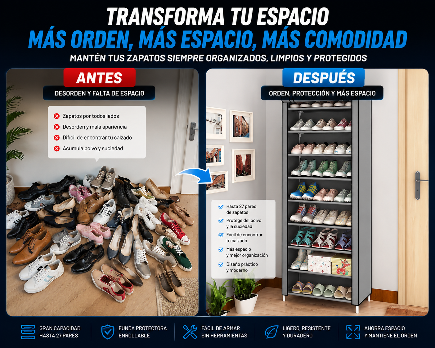 ORGANIZADOR DE ZAPATOS CON FUNDA PROTECTORA | HASTA 27 PARES, AHORRA ESPACIO Y MANTÉN TODO EN ORDEN