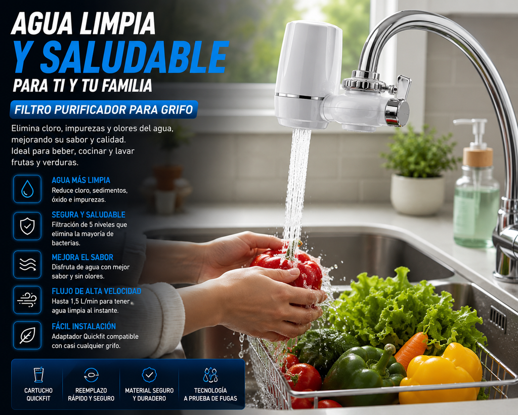 FILTRO PURIFICADOR DE AGUA PARA GRIFO | 5 NIVELES DE FILTRACIÓN, AGUA MÁS LIMPIA Y SEGURA