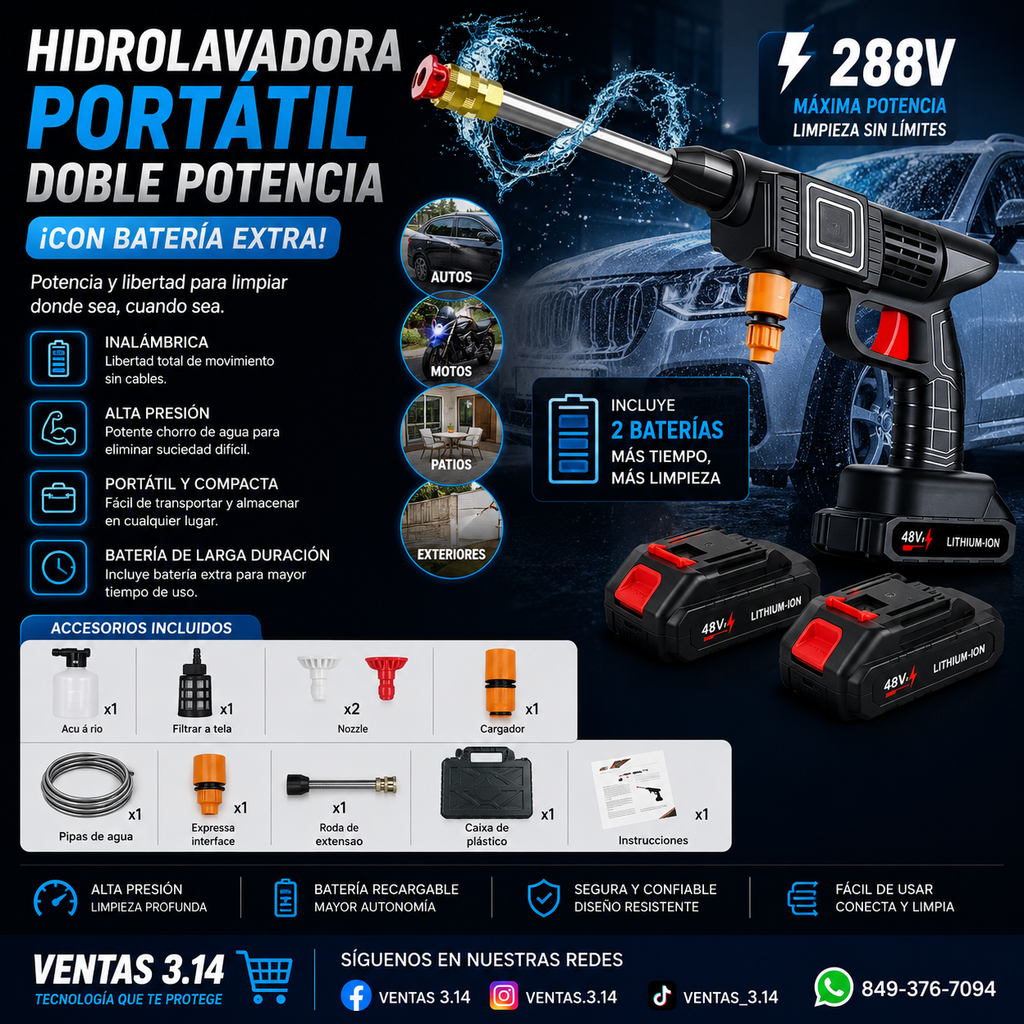HIDROLAVADORA PORTÁTIL INALÁMBRICA | DOBLE BATERÍA 48V + ACCESORIOS PARA LIMPIEZA PROFUNDA