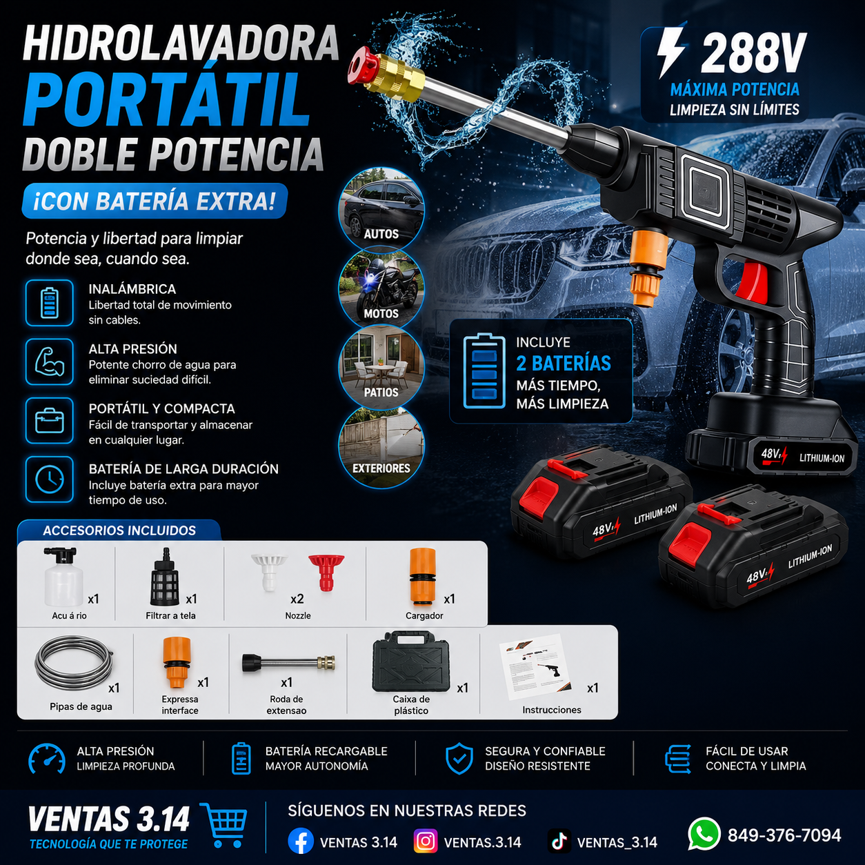 HIDROLAVADORA PORTÁTIL INALÁMBRICA | DOBLE BATERÍA 48V + ACCESORIOS PARA LIMPIEZA PROFUNDA