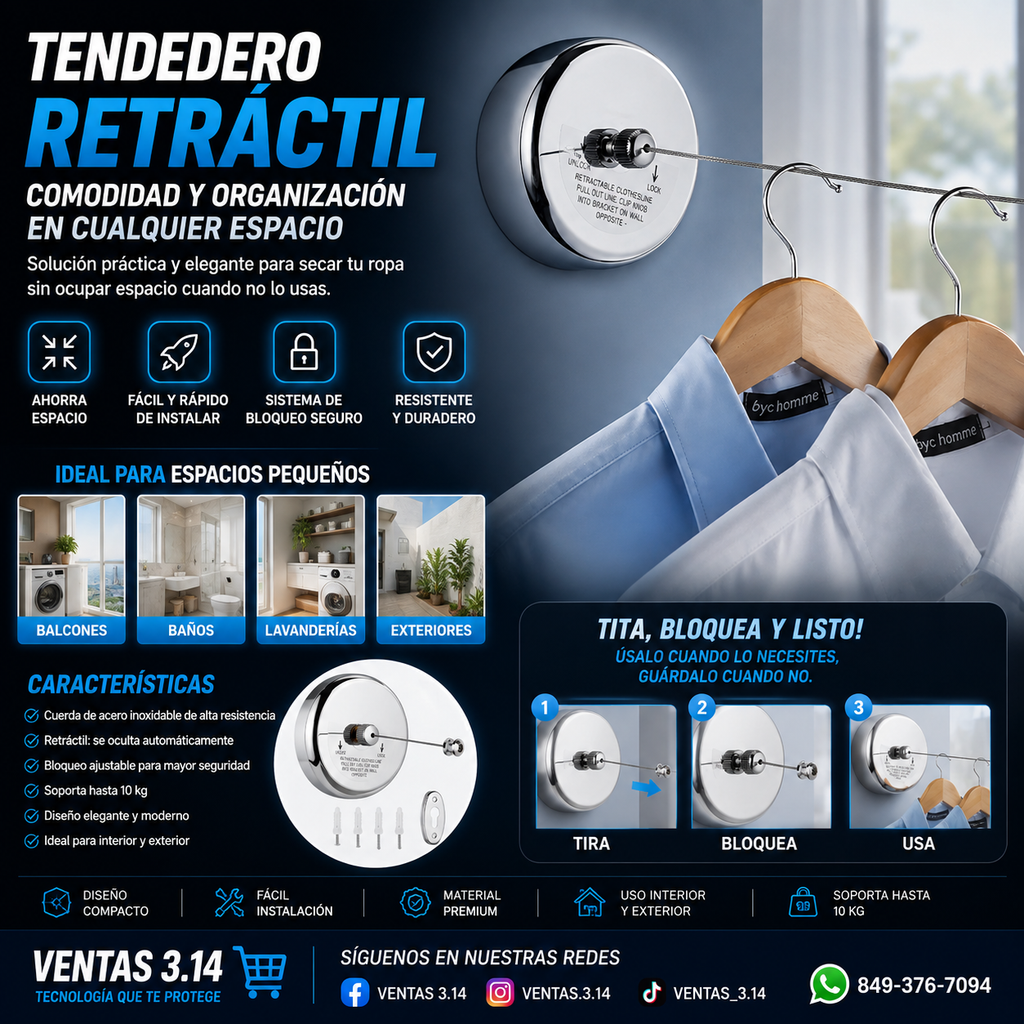 TENDEDERO RETRÁCTIL DE PARED | AHORRA ESPACIO Y TIENDE TU ROPA FÁCILMENTE