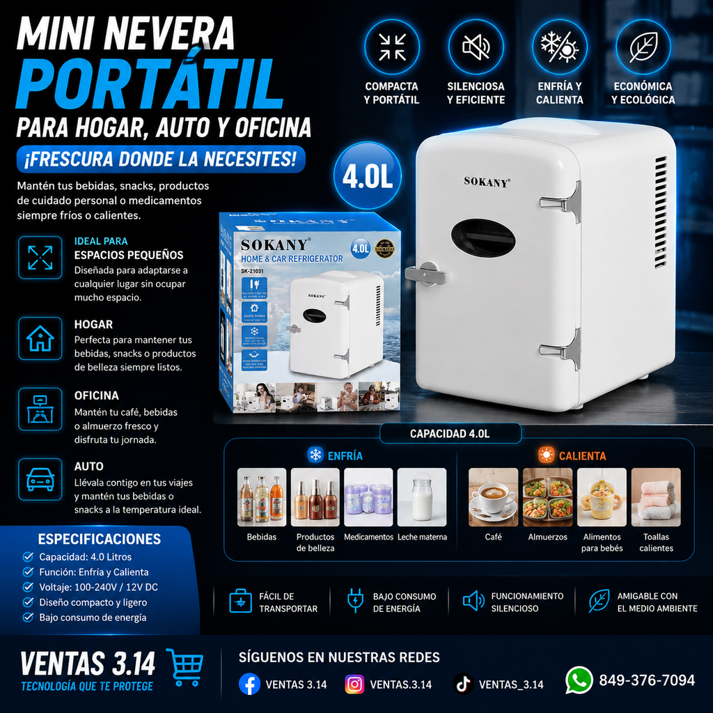 MINI NEVERA SOKANY 4L | COMPACTA, PORTÁTIL Y PERFECTA PARA HOGAR, OFICINA Y AUTO