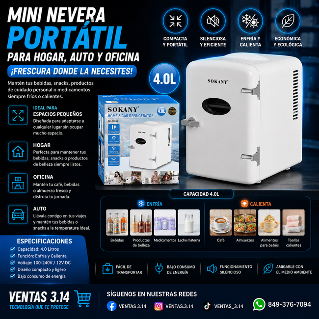 MINI NEVERA SOKANY 4L | COMPACTA, PORTÁTIL Y PERFECTA PARA HOGAR, OFICINA Y AUTO