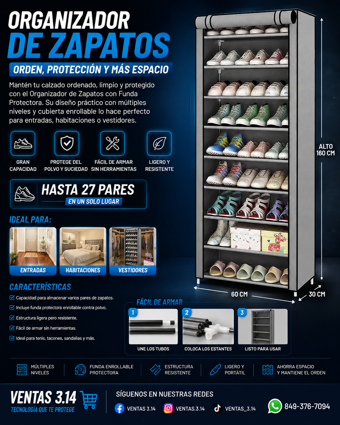 ORGANIZADOR DE ZAPATOS CON FUNDA PROTECTORA | HASTA 27 PARES, AHORRA ESPACIO Y MANTÉN TODO EN ORDEN