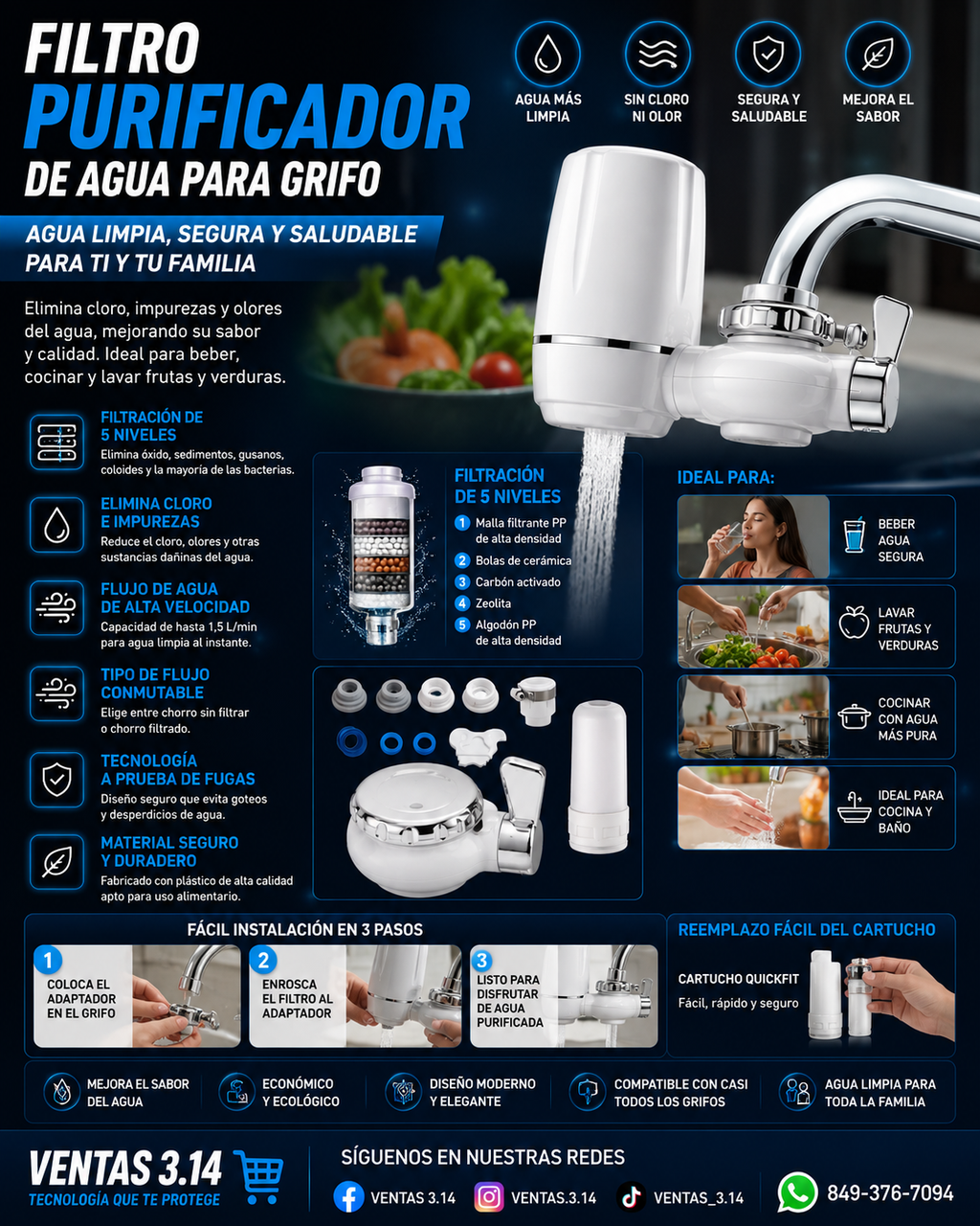 FILTRO PURIFICADOR DE AGUA PARA GRIFO | 5 NIVELES DE FILTRACIÓN, AGUA MÁS LIMPIA Y SEGURA